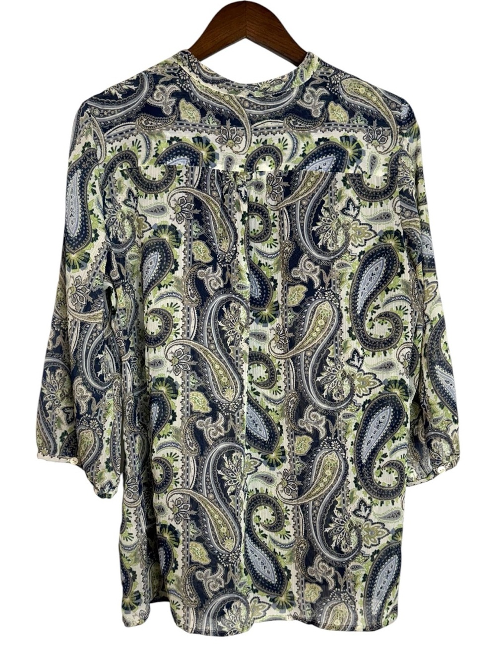 Liz Claiborne Paisley Button-Front Tunic Blouse 3/4 Sleeve Semi-Sheer 1X - Picture 2 of 7